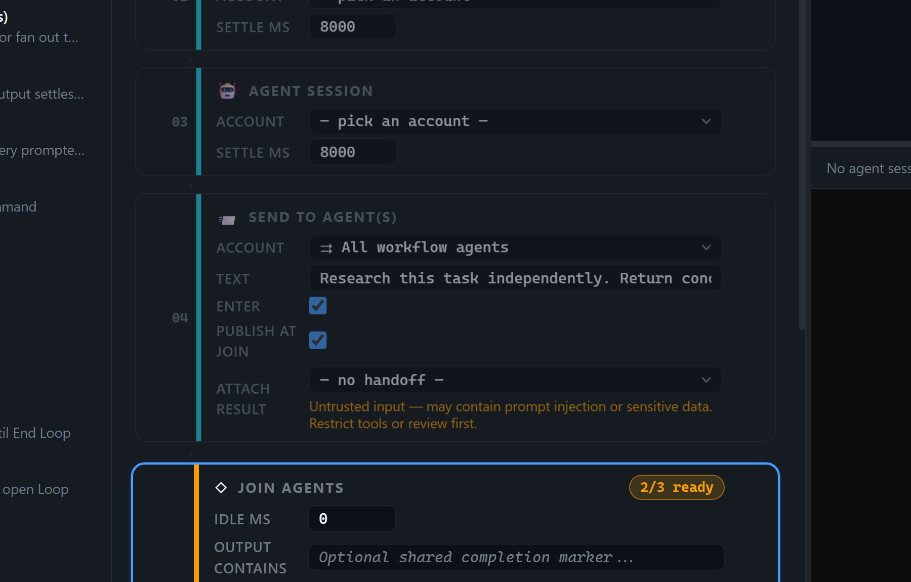 The real Agent Orchestrator editor stopped at a Join Agents barrier with two of three result lanes ready.