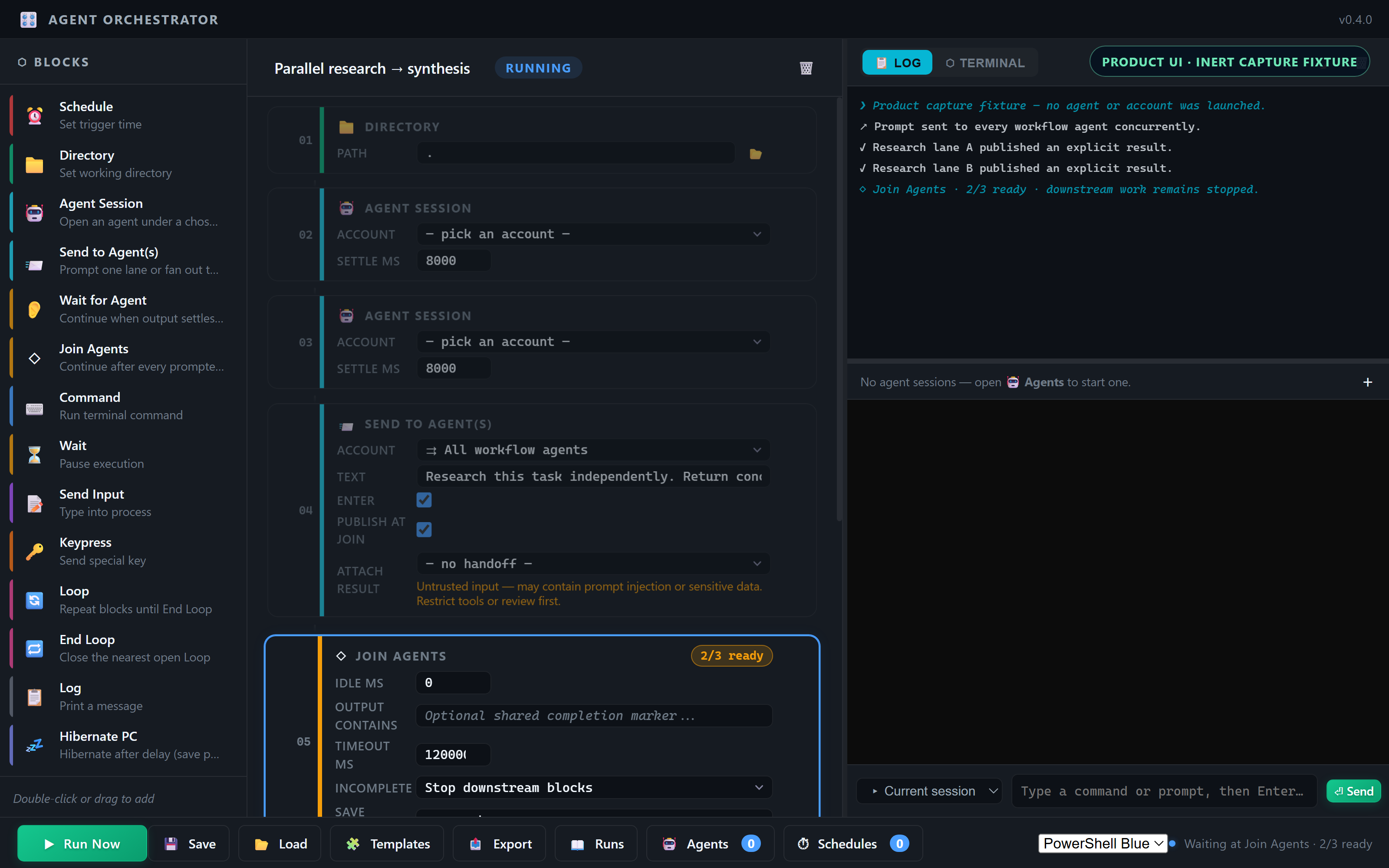 The real Agent Orchestrator editor waiting at a Join Agents barrier with two of three result lanes ready.