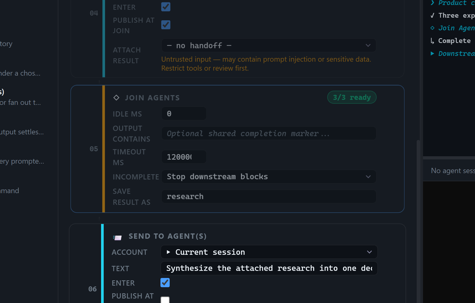 The real editor after Join Agents reaches three of three and explicitly attaches the complete result bundle to synthesis.