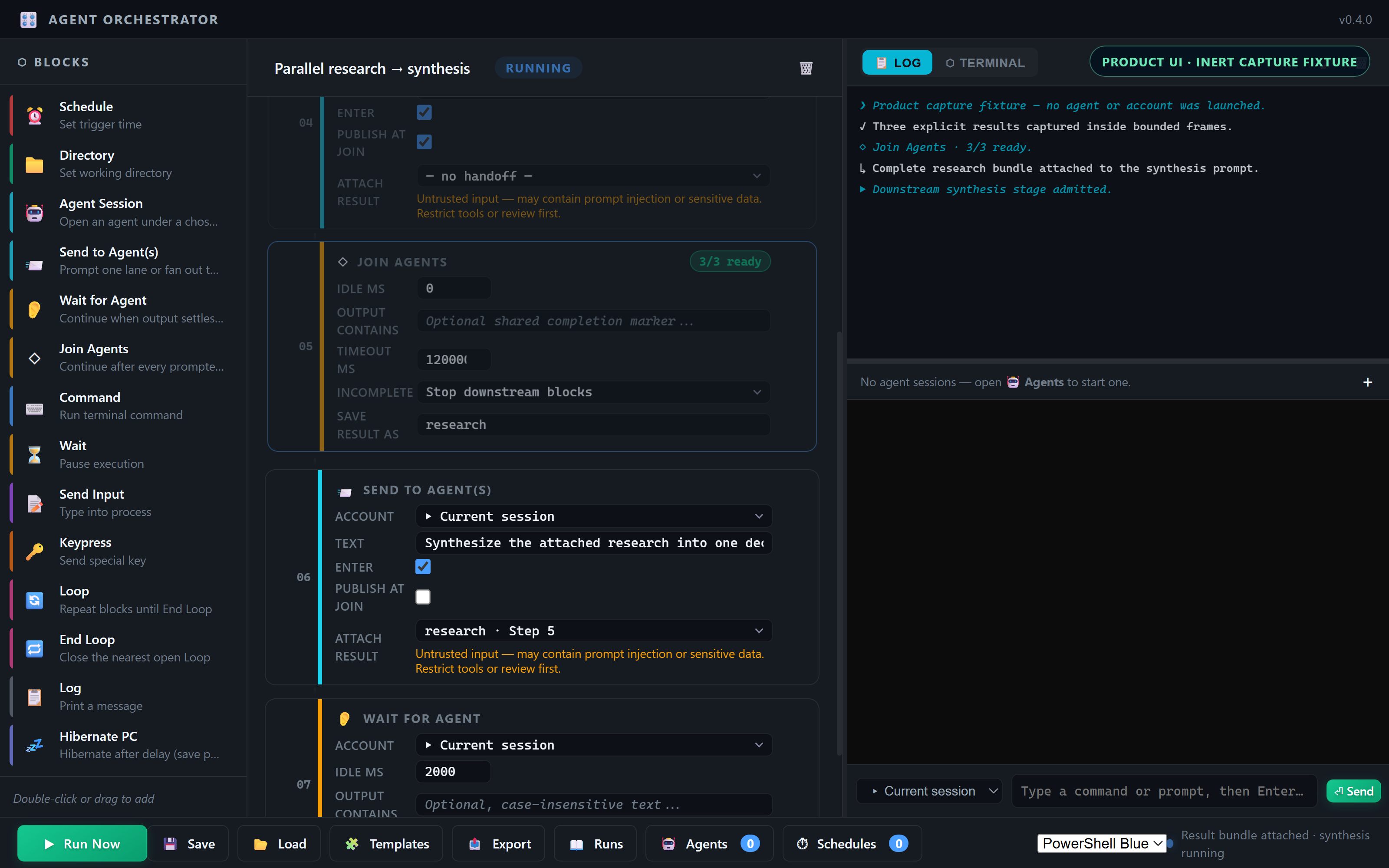 The real editor after Join Agents reaches three of three and explicitly attaches the complete result bundle to synthesis.