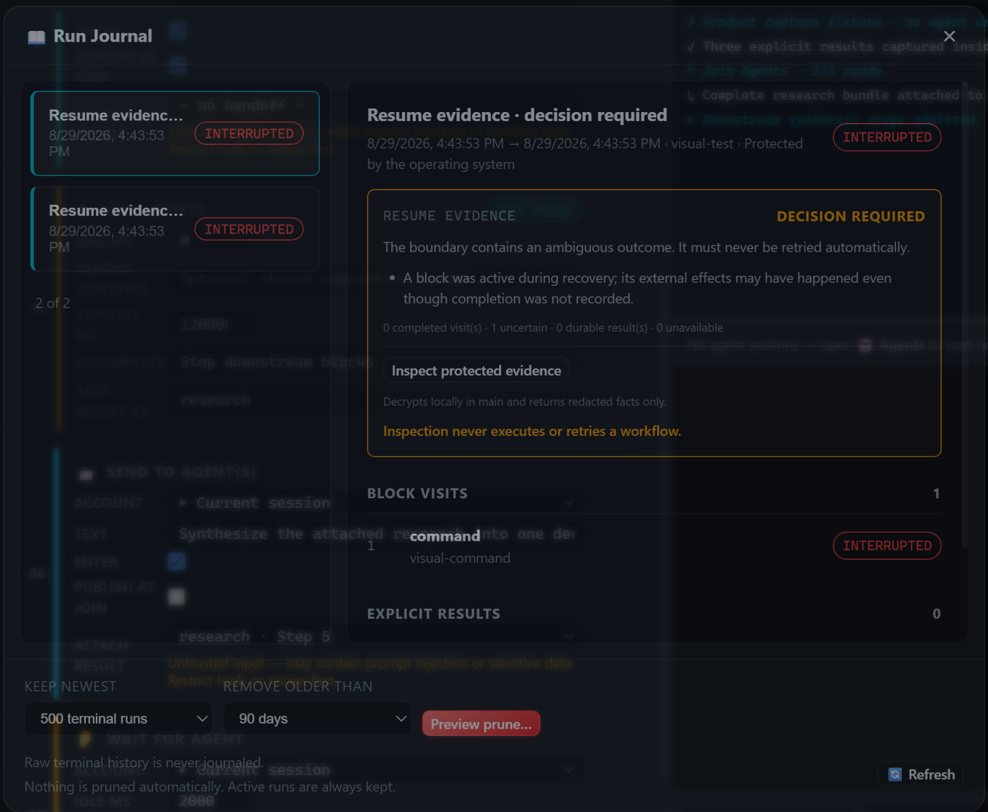 The real Runs view showing protected interrupted-run evidence and a decision-required resume inspection.